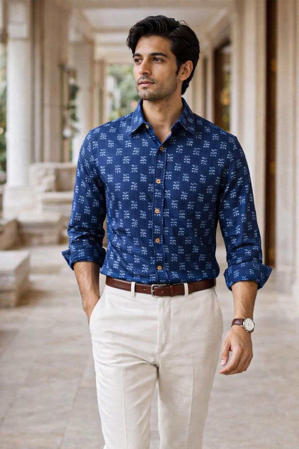 indigo handblock cotton printed shirt prewashed